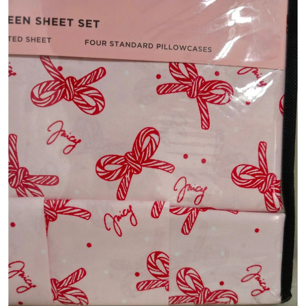 Juicy Couture Christmas Queen Sheet Set Pink Candy Cane Bow Bedding NWT